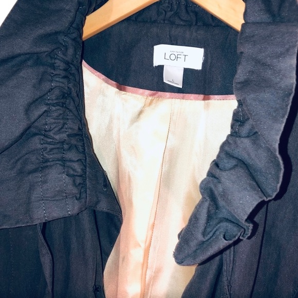 LOFT size M blue grey Cotton ruffle cinch collar button front pleated middy coat - Picture 5 of 16